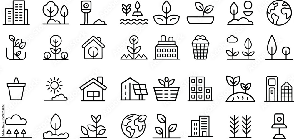 Obraz premium green city icon set, panels, recycling, green city energy actions: solar farm, electric bus, green city, vector illustration