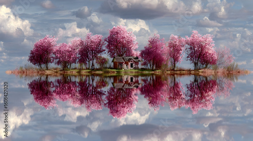 Wallpaper Mural Escape to a tranquil lakeside cabin amidst stunning pink blossoms. Perfect for travel, lifestyle, or design inspiration, evoking peace and beauty. Torontodigital.ca