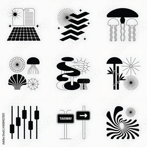 Monochrome vector graphics compilation with nature technology and transportation theme perfect for logo icons pattern or abstract background designs