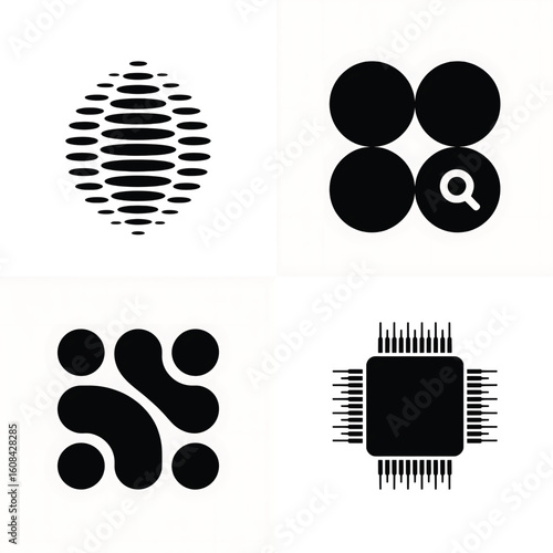 Set of Four Abstract Black and White Tech Icons for Innovation and Design Conceptualization