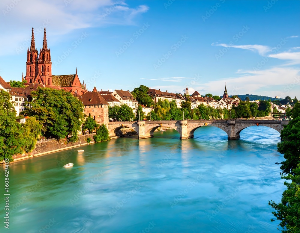 Fototapeta premium Panoramic view of a European city by a river, with a historic bridge and cathedral
