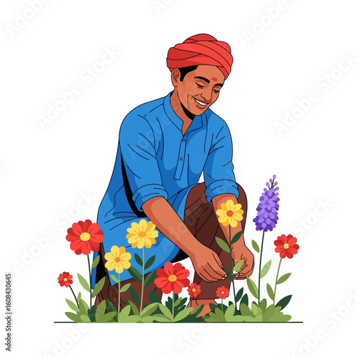 Smiling farmer tending colorful flowers in a garden.