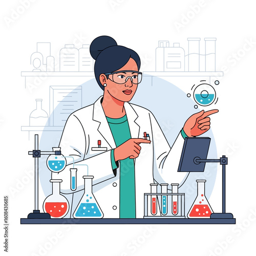 A female scientist in a lab coat points to a digital display, surrounded by beakers and test tubes.