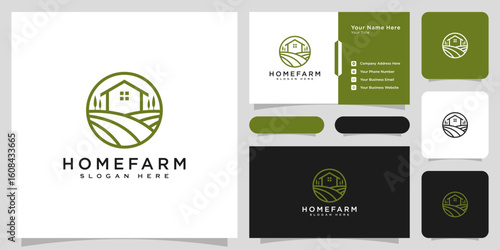 house farm logo vector design line style and business card