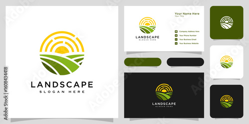 landscape sun logo vector design and business card