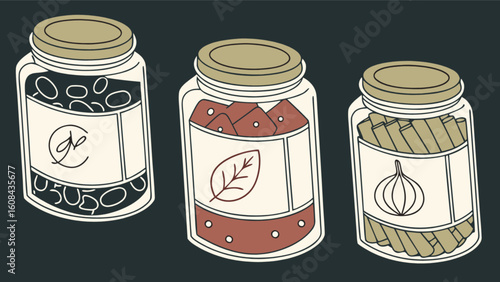Canned goods illustration of pickled olives, vegetables, and garlic in jars for food preservation concept