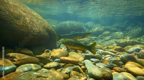 Underwater scene of trout swimming in a clear river with natural light creating a serene aquatic atmosphere.