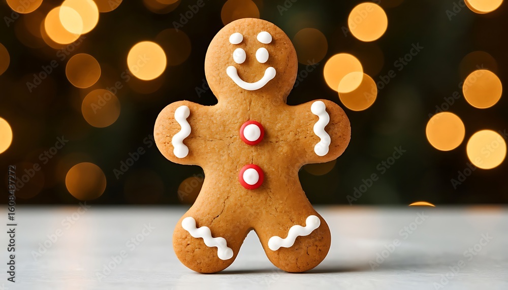 Smiling gingerbread man cookie resting against a backdrop of softly blurred Christmas lights, creating a festive and cheerful atmosphere