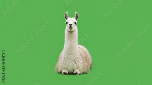 White Llama Sitting on Green Screen Background