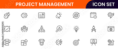 Project management vector line icons featuring timelines, tasks, teams, goals, milestones, reports, collaboration, resources, planning, and progress tracking elements.