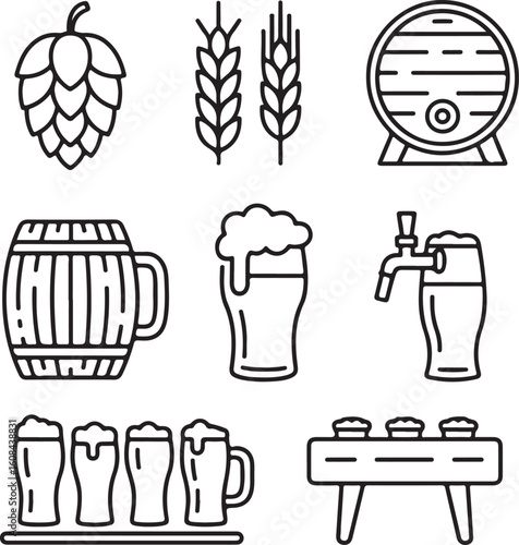 Craft Beer Brewing Icons Pack Hops, Wheat, Fermentation Tank, Barrels, and Pouring Beer Glasses in Doodle Line Art