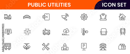 Public utilities vector line icons featuring water, electricity, gas, waste management, infrastructure, service meters, maintenance, power plants, and community resources.