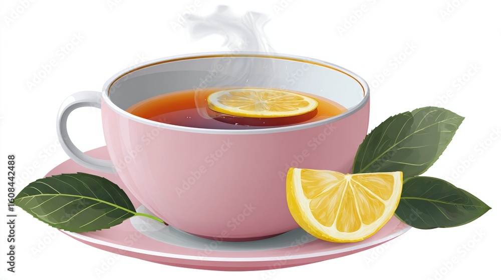 Steaming tea in pink cup, lemon slice, leaves Steaming tea in pink cup, lemon slice, leaves