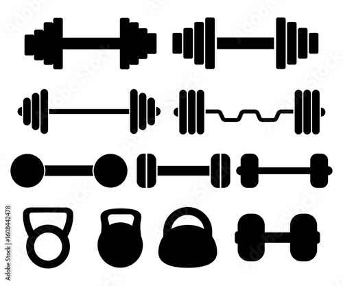 Set of dumbbell Fitness workout elements silhouette training equipment collection