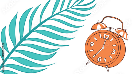 Alarm clock time reminder with tropical leaf summer vacation reminder and time management concept design vector