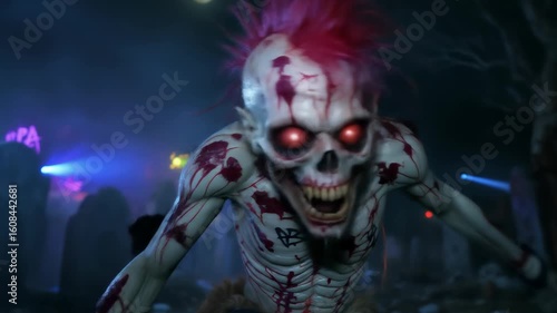 Scary Zombie Punk Skeleton with Glowing Red Eyes and Bloodstains in a Graveyard at Night