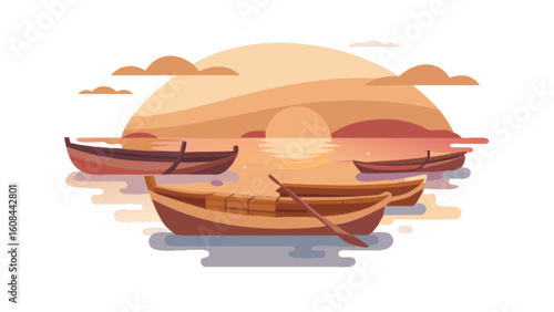 Sunset boat scene vector illustration, boat on water, sunset background, calm water boats, sunset boats scene