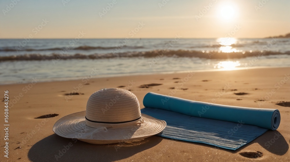 Obraz premium Sunset Beach with Straw Hat and Yoga Mat – Calm Ocean Waves and Golden Glow