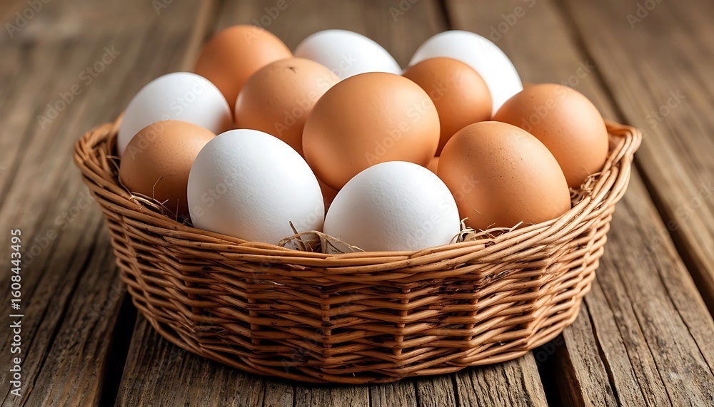 Wicker basket full of fresh brown and white eggs on rustic wooden table, representing farm fresh produce and healthy eating Wicker basket full of fresh brown and white eggs on rustic wooden table, representing farm fresh produce and healthy eating