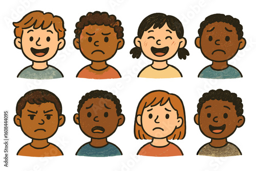Diverse Kids Showing Basic Emotions – Educational Chart