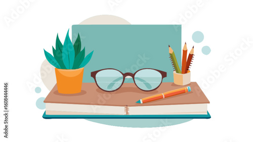 Illustration of study desk with book glasses plant and pencils school supplies study room education concept