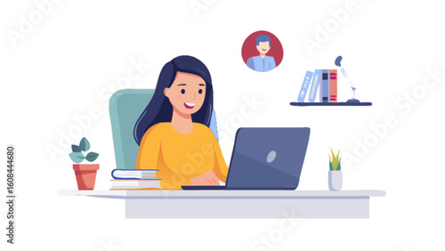 Illustration of woman working from home on laptop for online meeting and remote work productivity