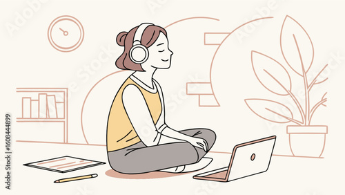 Woman listening to music with headphones while working on laptop for study and relaxation at home concept
