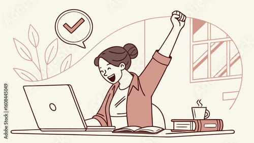 Successful woman celebrating achievement with laptop work success online course happy employee project done