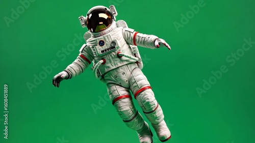 Astronaut floating in zero gravity against a green screen background, wearing a spacesuit with a reflective gold visor