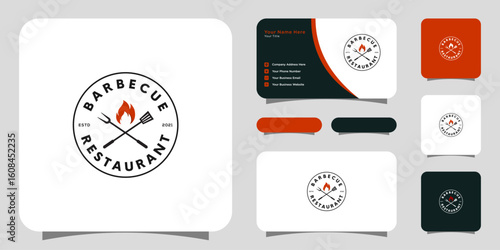 barbecue with fork and fire flame logo and business card