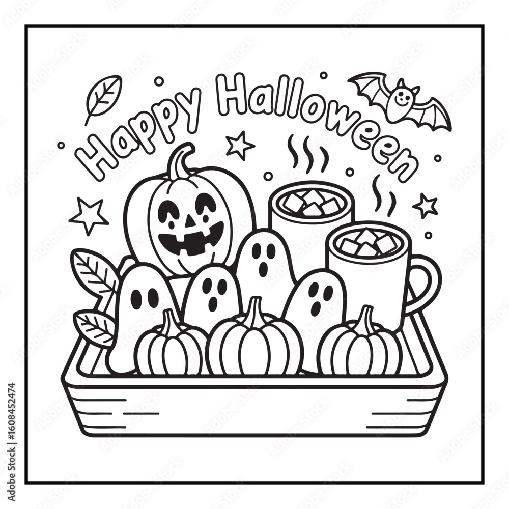 Fototapeta premium Bold and Easy Cozy Halloween Coloring Pages, Line Art, Vector Illustration, Black and White, Halloween, Coloring Pages, Coloring Book, 8.5x8.5
