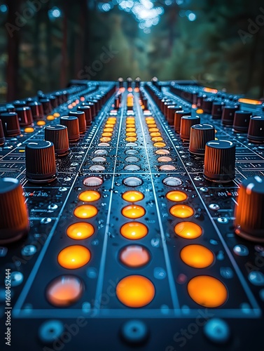 Close-up of a vibrant audio mixer with illuminated buttons and knobs, set against a serene forest backdrop, perfect for music production and technology themes.