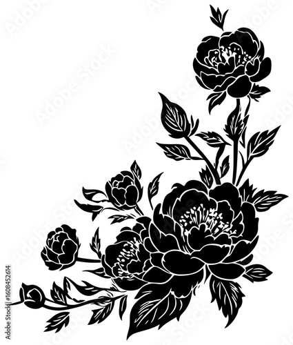 Bold Peony Silhouette for Elegant Corner Frame Design