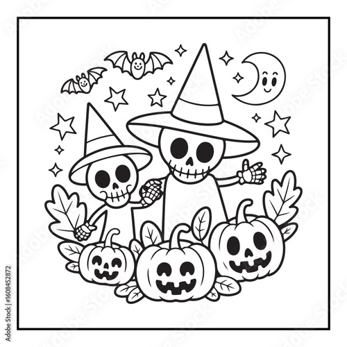 Bold and Easy Cozy Halloween Coloring Pages, Line Art, Vector Illustration, Black and White, Halloween, Coloring Pages, Coloring Book, 8.5x8.5" Design, Halloween holiday