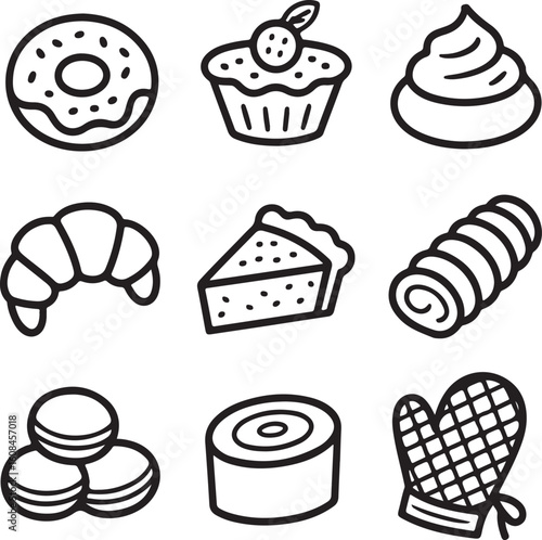Bakery & Pastry Sweets Icons Pack Donut, Tart, Cream Puff, Pie Slice, Croissant, and Confectionery in Doodle Line Art