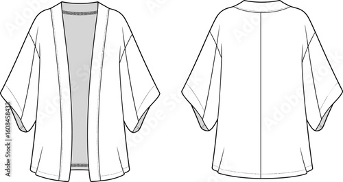 Vector illustration of kimono jacket front and back view, fashion design, traditional garment sketch, stylish clothing item, sewing template concept
