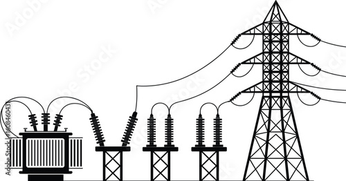 Electrical power transmission system, high voltage transformer, substation equipment, vector illustration, industrial energy, power grid, infrastructure design, technology concept