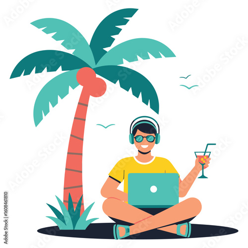 Remote Work Bliss Man Enjoying Tropical Paradise While Working on Laptop