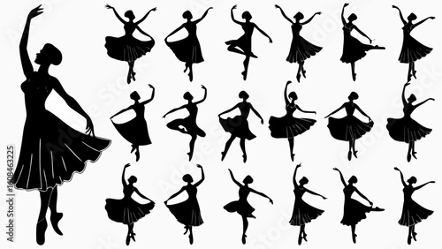 Silhouette collection of ballerinas in various poses against a white background showcasing graceful movement