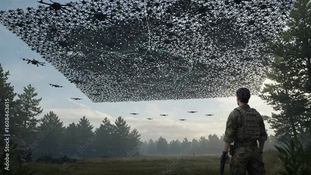 Soldier observing a drone swarm in a forested area