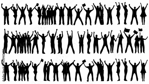 Silhouette illustration of multiple rows of people with raised arms in celebration and cheering crowd scene