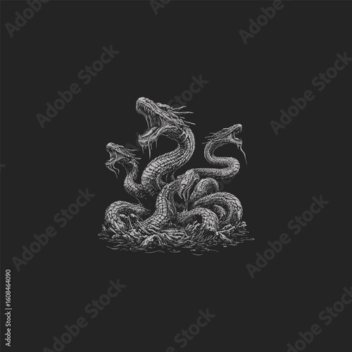 powerful illustration of a Hydra snake a multi headed serpent from ancient mythology. engraving design