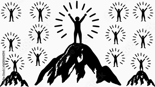 Silhouette illustration of people with raised arms and radiating lines standing on top of mountains peak success