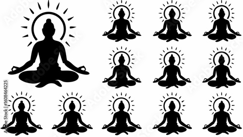 Silhouettes of buddhas in lotus position with radiant halos in a symmetrical arrangement on white backdrop
