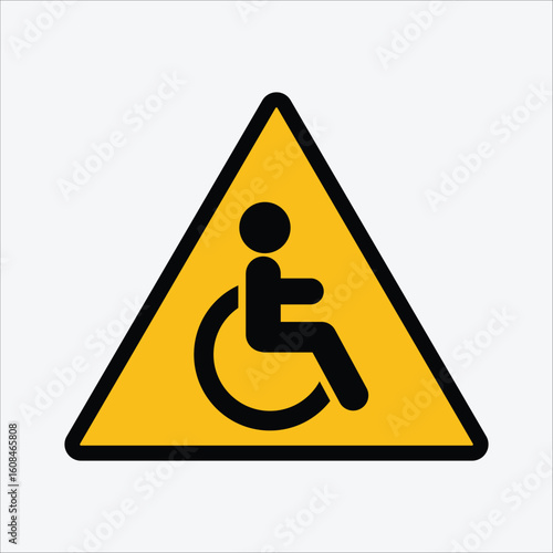 Disability warning sign with a wheelchair icon. Yellow triangular symbol for caution, safety, and awareness regarding accessible areas for people with disabilities.
