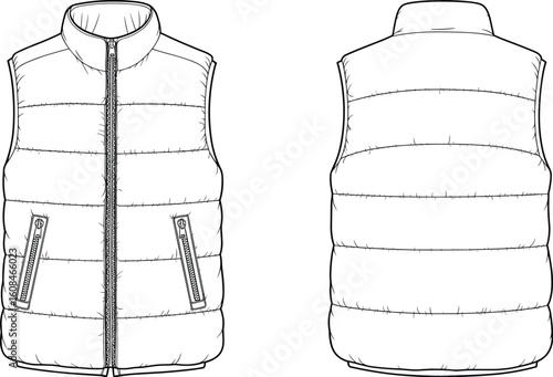 Puffer vest vector, front and back view, winter fashion mockup, stylish outerwear design, clothing sketch, warm jacket, trendy apparel illustration