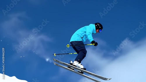 Dynamic Skier Performing a Jump Against a Clear Blue Sky in Snowy Mountains