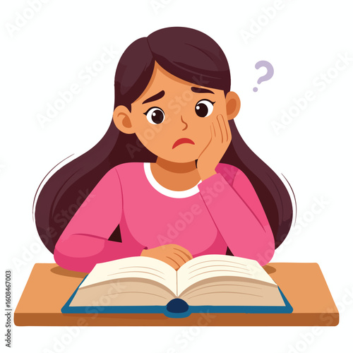 A young woman looks confused while studying with an open book on a desk, a question mark above her head.