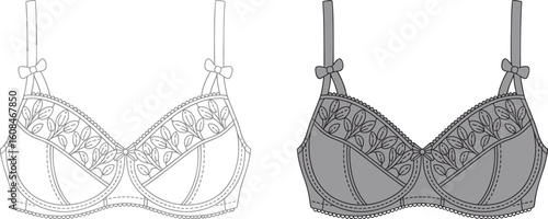 Fashionable bra vector, elegant lingerie sketch, detailed underwear illustration, modern fashion drawing, stylish intimate wear, leaf design, delicate straps