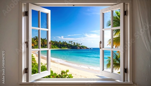 Fototapeta Naklejka Na Ścianę i Meble -  Tropical beach vista through a white window